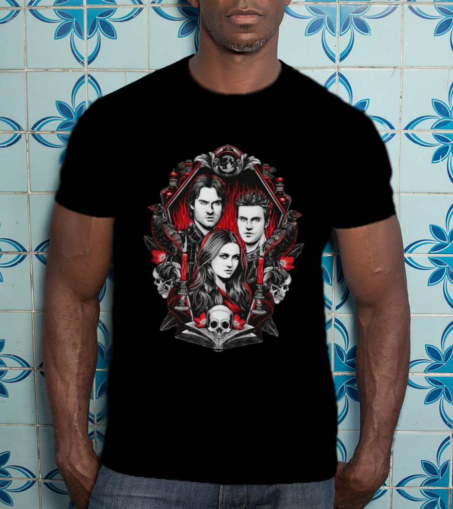 Vampire Blood The Vampire Diaries Damon Salvatore Stefan Salvatore Elena Gilbert Skull Candle Ravens T-Shirt