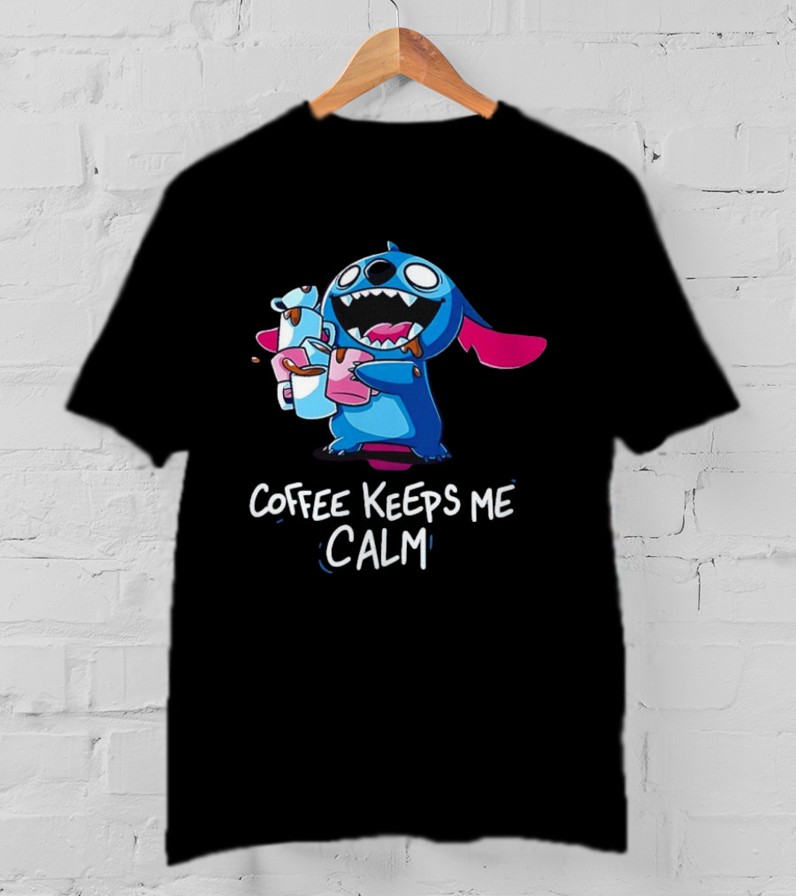 Stitch Coffee Keeps Me Calm Cute Character Drinking Coffee T-Shirt