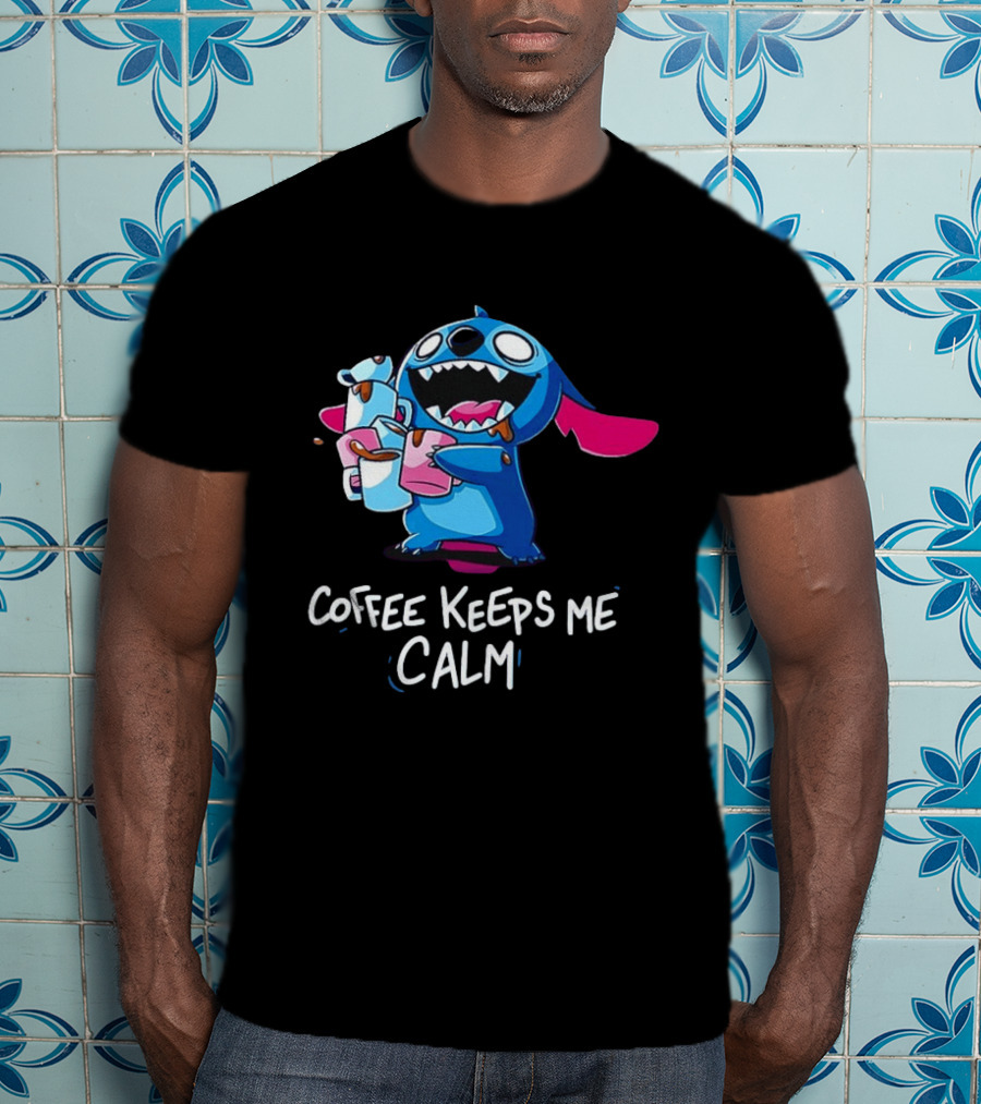 Stitch Coffee Keeps Me Calm Cute Character Drinking Coffee T-Shirt