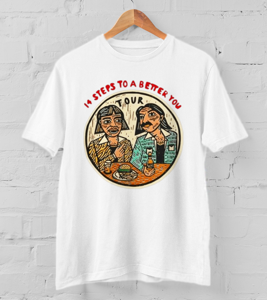 14 Steps To A Better You Tour Oval Illustration With Two Seated Individuals T-Shirt