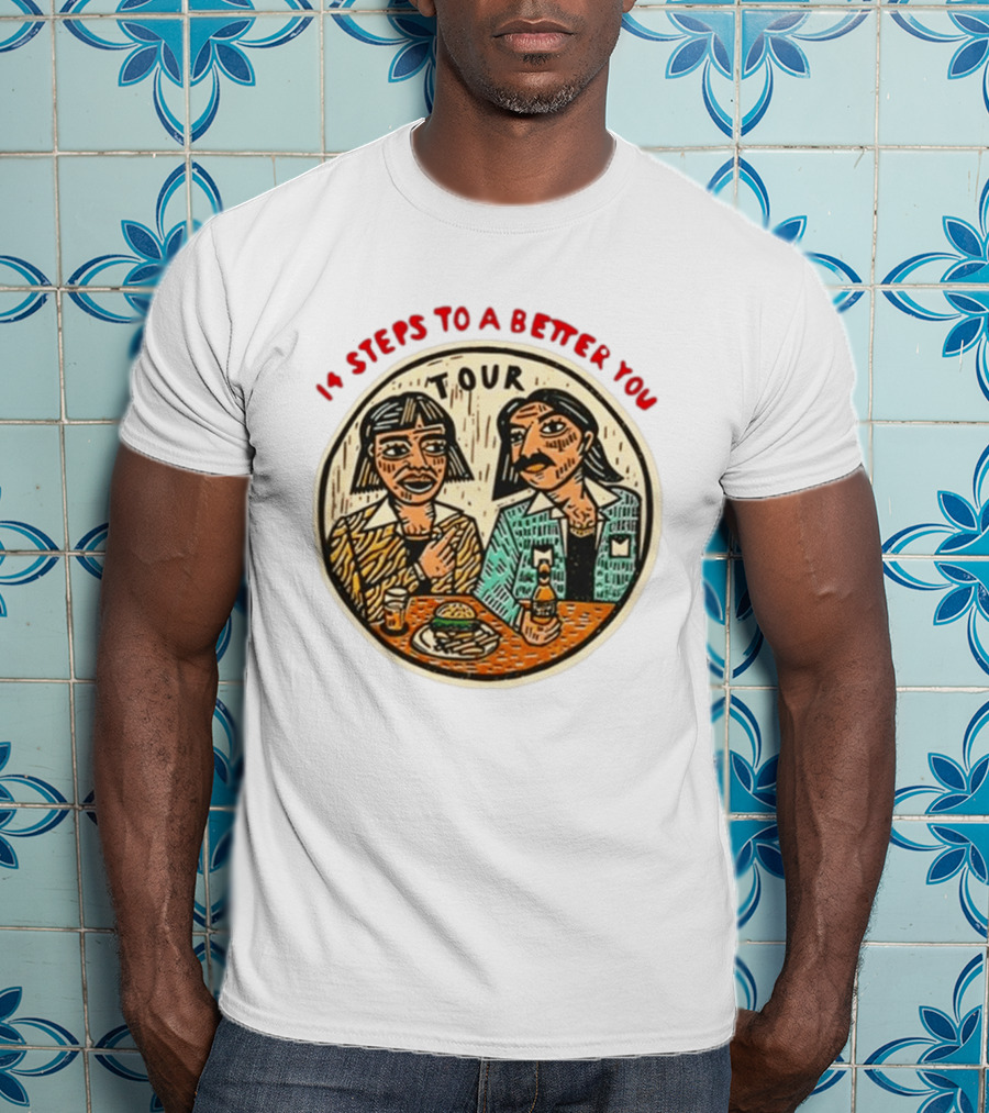 14 Steps To A Better You Tour Oval Illustration With Two Seated Individuals T-Shirt