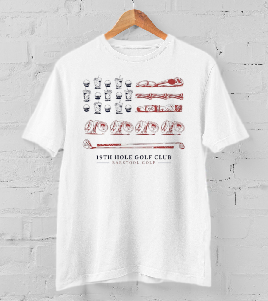 19th Hole Golf Club American Flag Bartool Golf T-Shirt