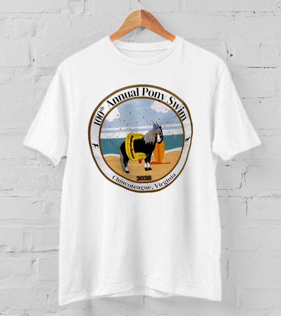 100th Annual Pony Swim Chincoteague Virginia 2025 Beach Scene With Pony And Surfboard T-Shirt