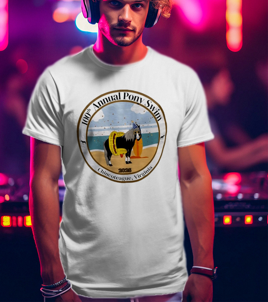 100th Annual Pony Swim Chincoteague Virginia 2025 Beach Scene With Pony And Surfboard T-Shirt