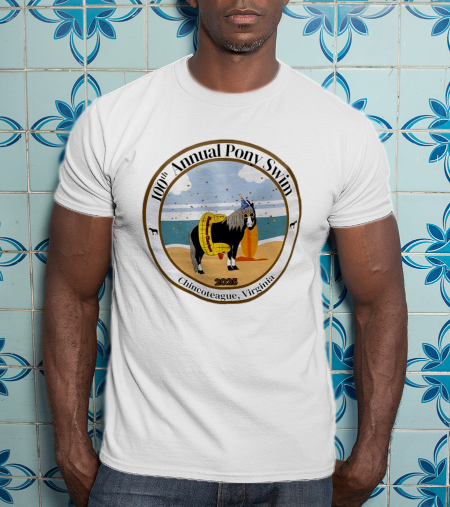 100th Annual Pony Swim Chincoteague Virginia 2025 Beach Scene With Pony And Surfboard T-Shirt