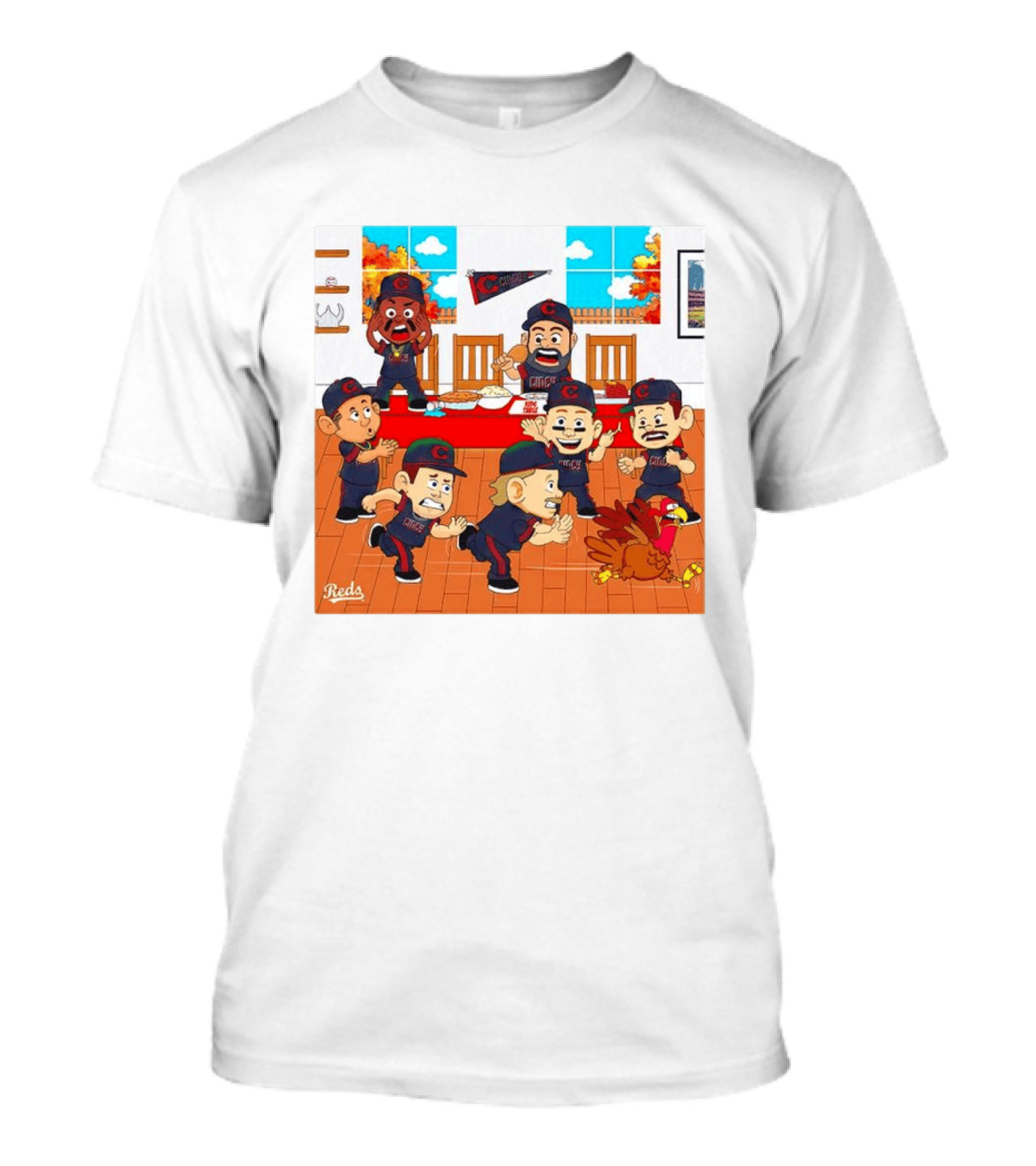 Cincinnati Reds Thanksgiving Chaos Cartoon Scene With Characters And Turkey T-Shirt