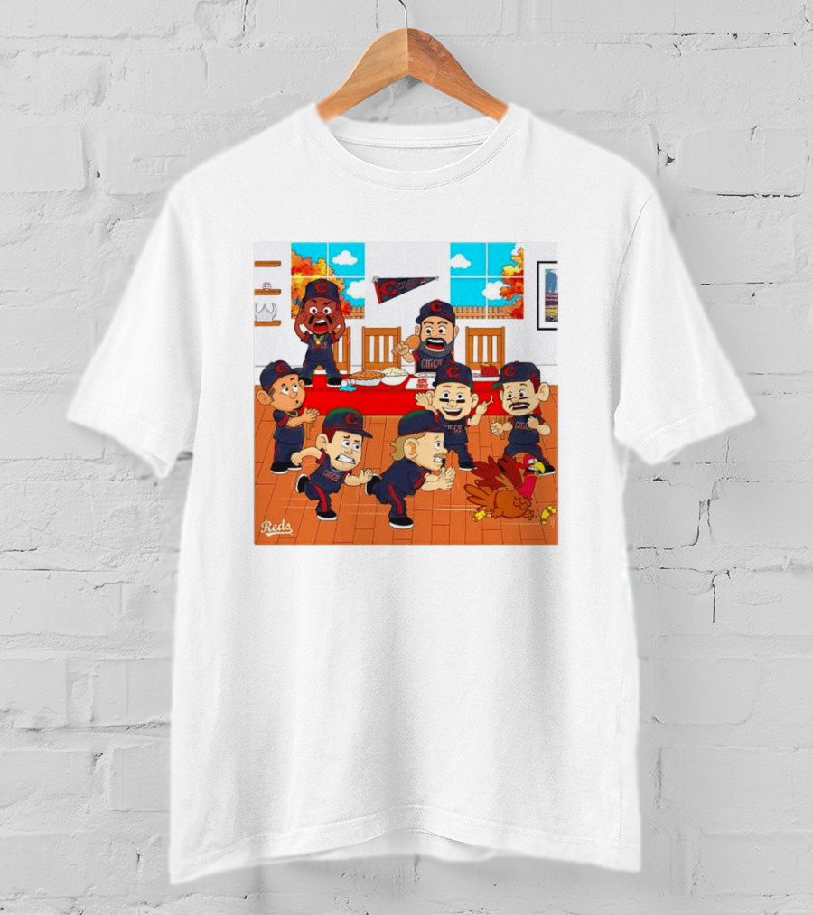 Cincinnati Reds Thanksgiving Chaos Cartoon Scene With Characters And Turkey T-Shirt