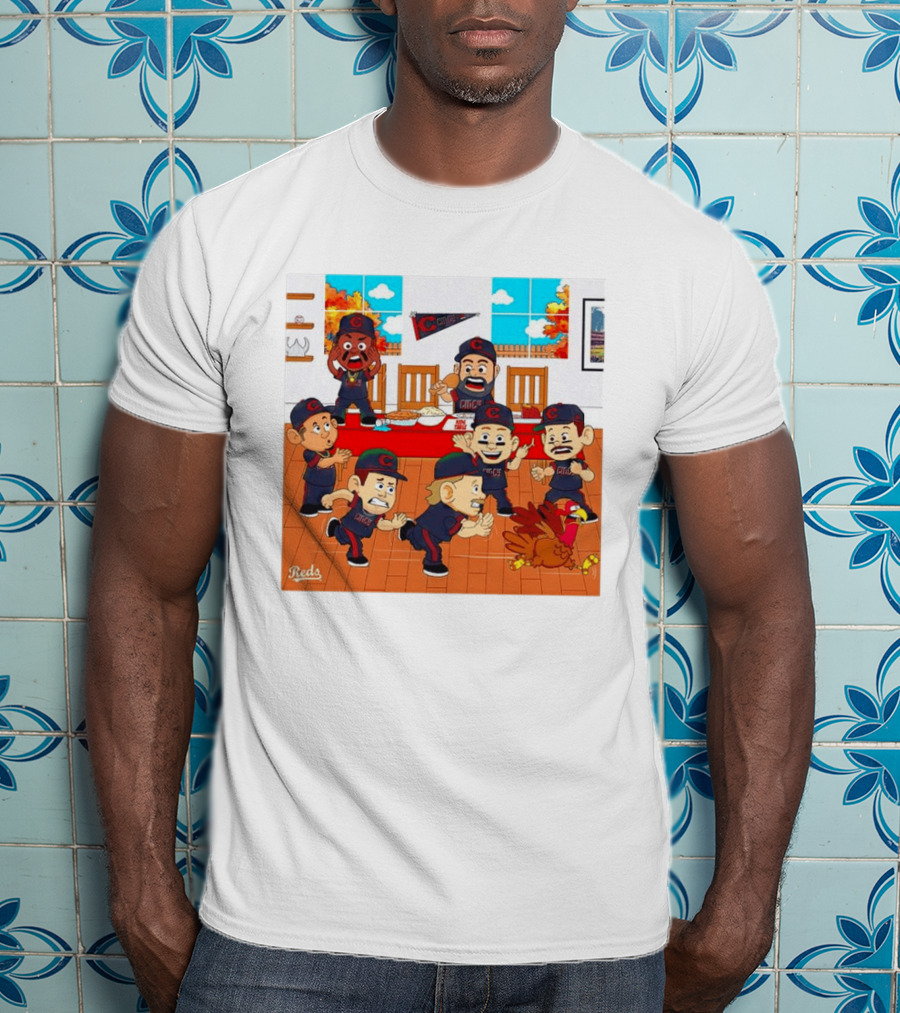 Cincinnati Reds Thanksgiving Chaos Cartoon Scene With Characters And Turkey T-Shirt