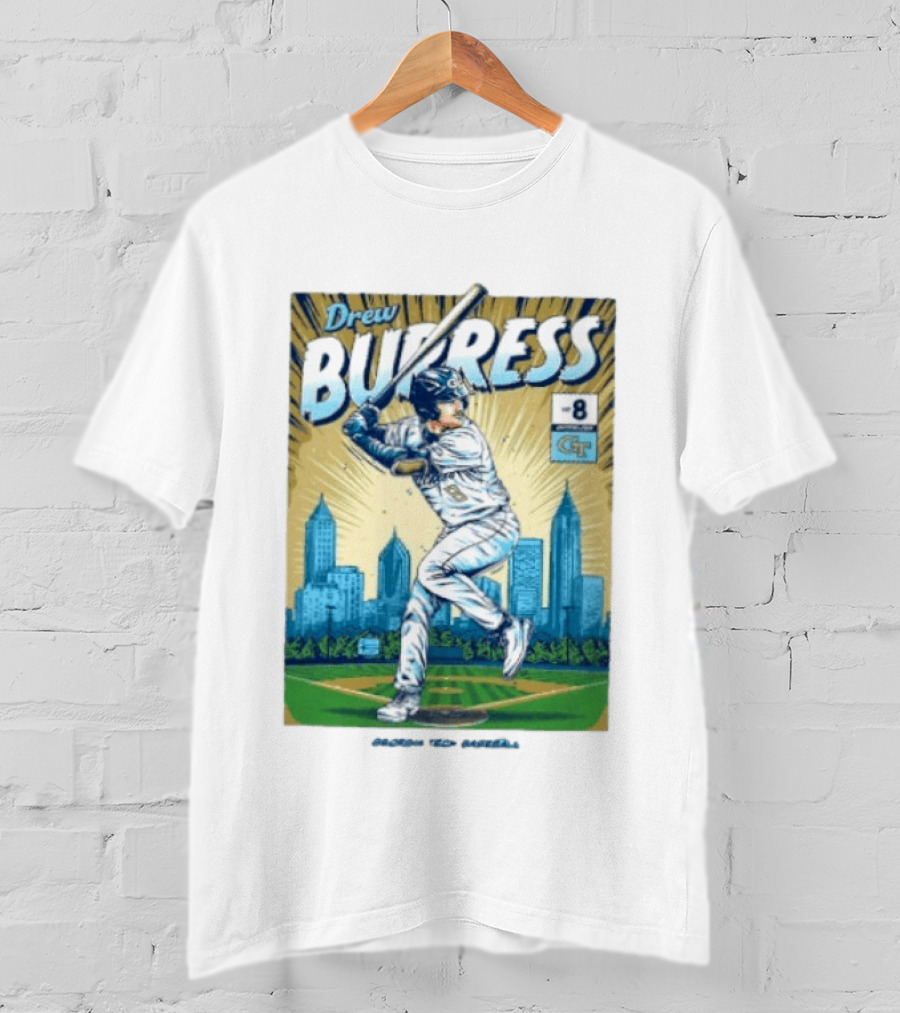 Drew Burress #8 Georgia Tech Baseball Comic Style Retro Cityscape T-Shirt