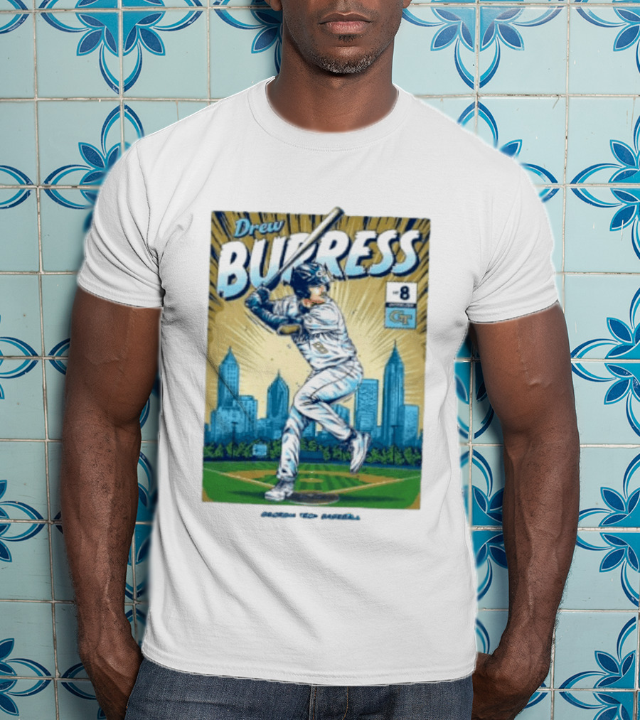 Drew Burress #8 Georgia Tech Baseball Comic Style Retro Cityscape T-Shirt