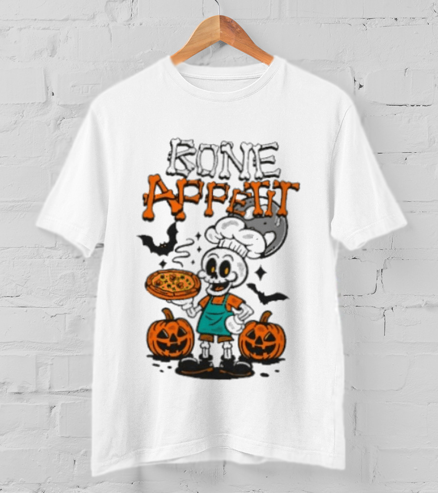 Bone Appetit Skeleton Chef Halloween Pizza Pumpkin Bats T-Shirt