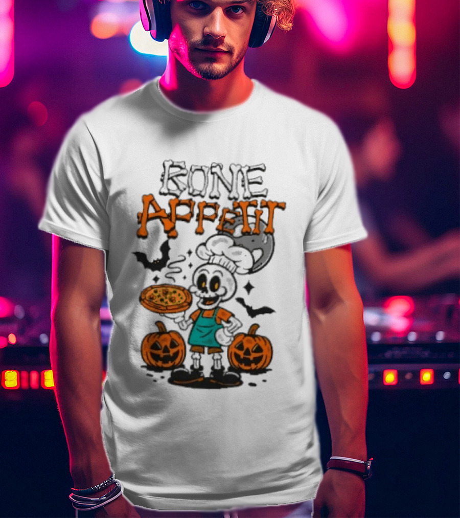 Bone Appetit Skeleton Chef Halloween Pizza Pumpkin Bats T-Shirt