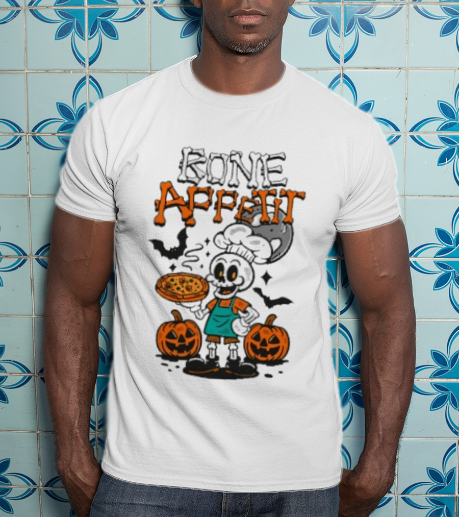 Bone Appetit Skeleton Chef Halloween Pizza Pumpkin Bats T-Shirt