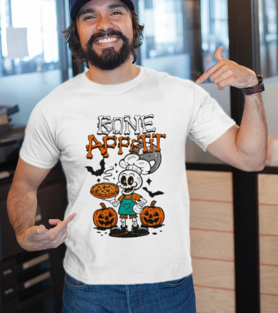 Bone Appetit Skeleton Chef Halloween Pizza Pumpkin Bats T-Shirt