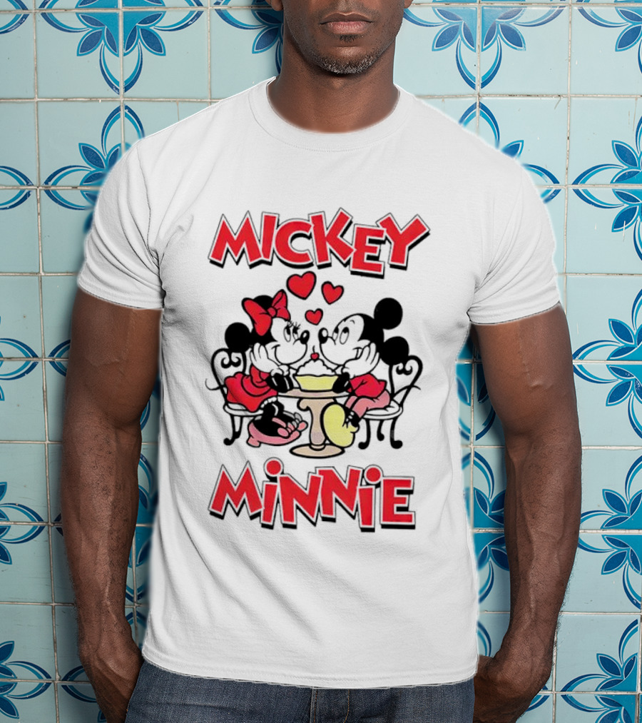Mickey Minnie Romantic Valentine's Day Hearts And Cafe Scene T-Shirt