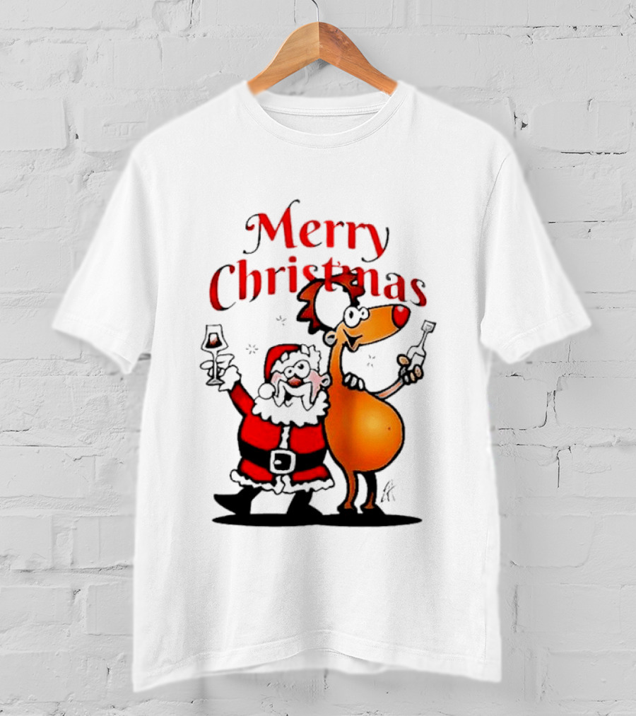 Merry Christmas Santa Claus And Reindeer Toast With Drinks T-Shirt