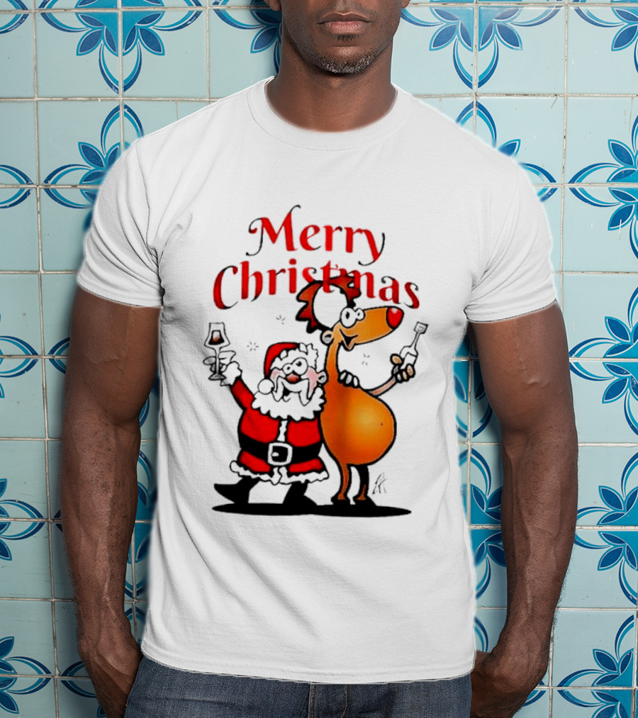 Merry Christmas Santa Claus And Reindeer Toast With Drinks T-Shirt