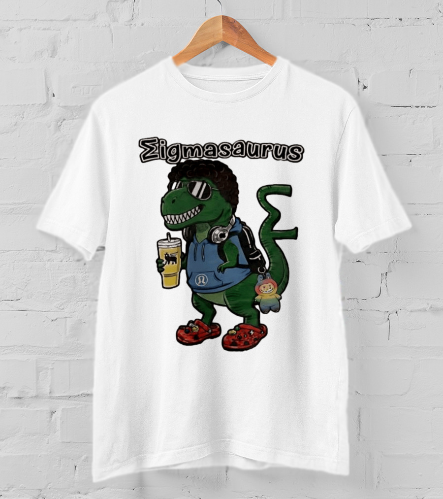 Sigmasaurus Rex Dinosaur Meme With Afro Sunglasses Headphones And Drink T-Shirt
