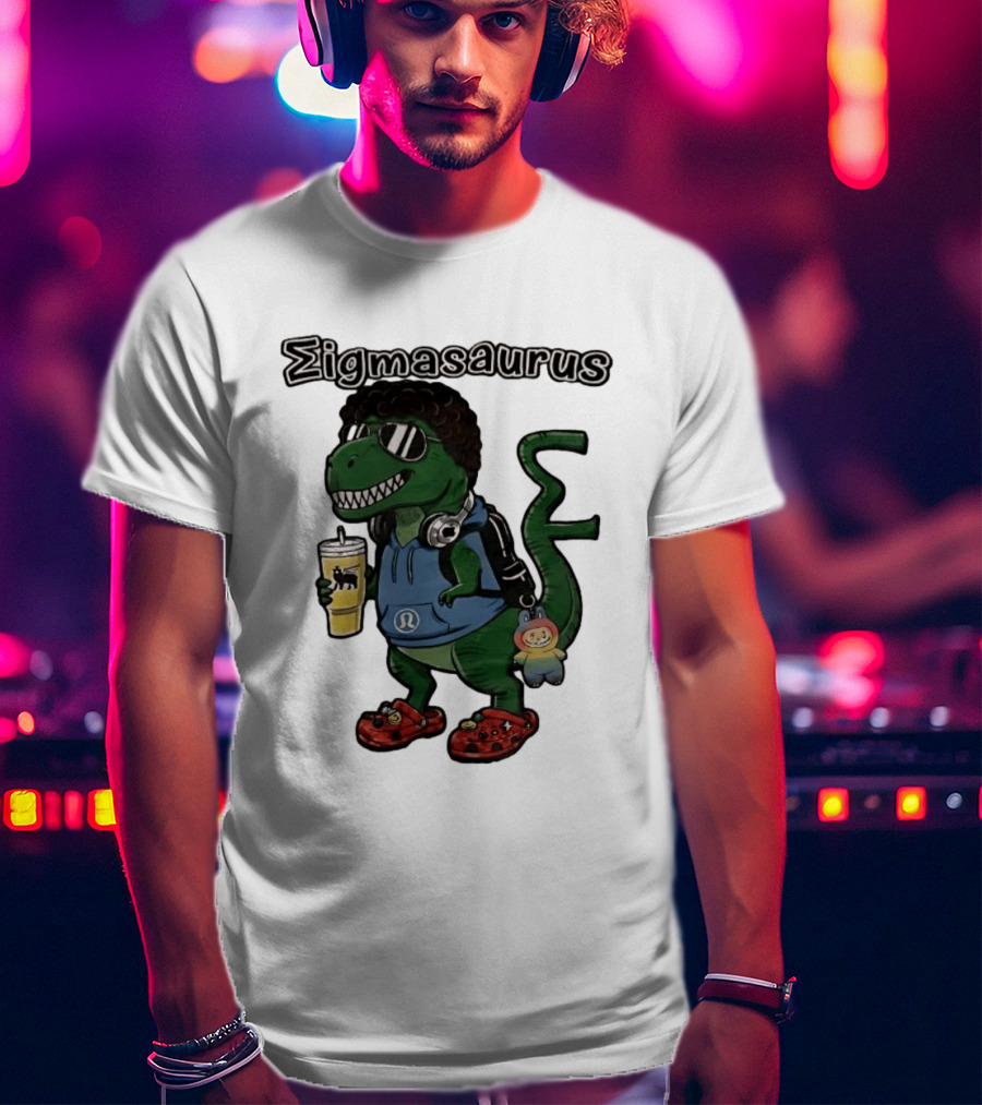 Sigmasaurus Rex Dinosaur Meme With Afro Sunglasses Headphones And Drink T-Shirt