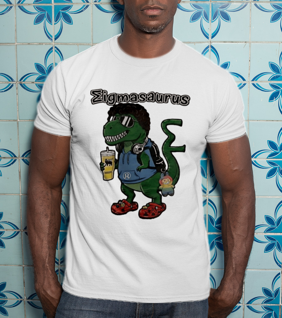 Sigmasaurus Rex Dinosaur Meme With Afro Sunglasses Headphones And Drink T-Shirt