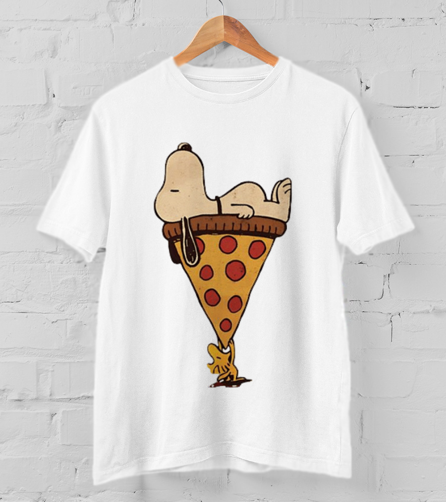 Snoopy Relaxing On Giant Pizza Slice With Woodstock Peanuts Collection T-Shirt