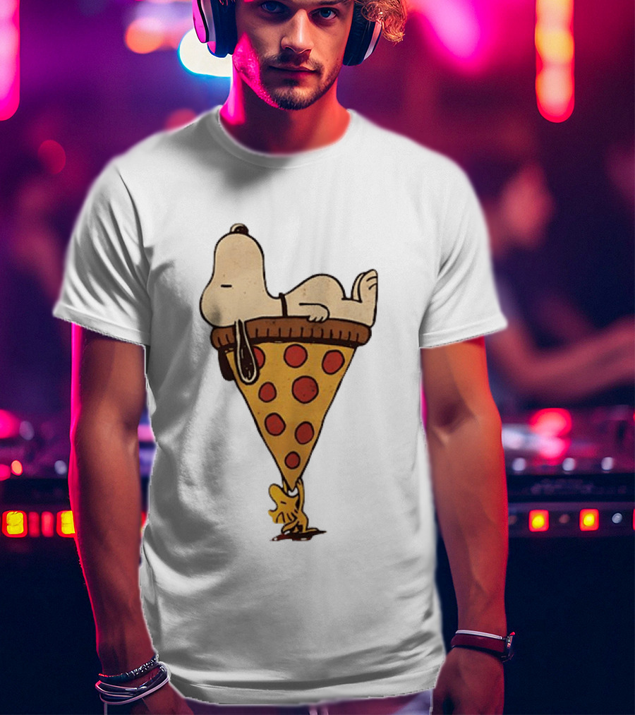 Snoopy Relaxing On Giant Pizza Slice With Woodstock Peanuts Collection T-Shirt