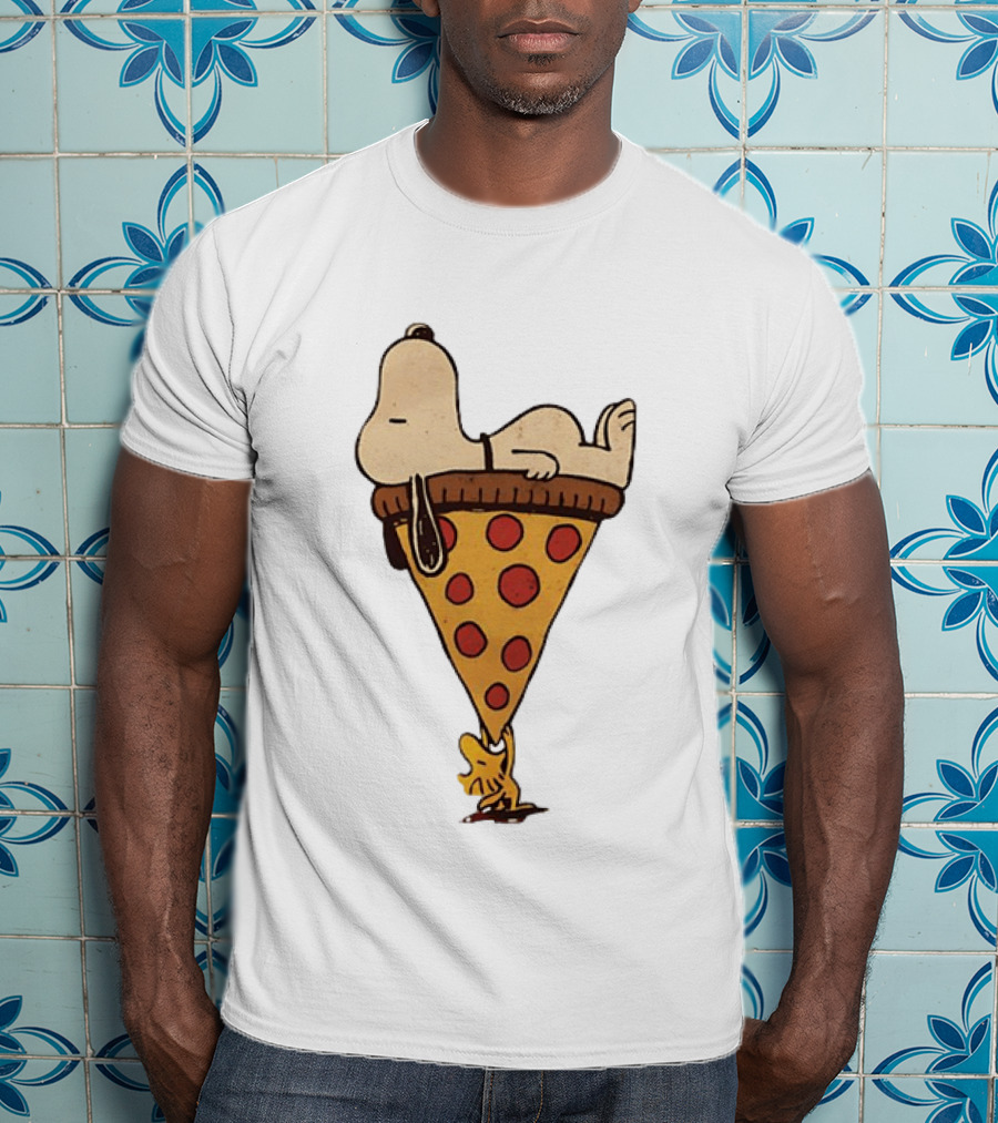 Snoopy Relaxing On Giant Pizza Slice With Woodstock Peanuts Collection T-Shirt
