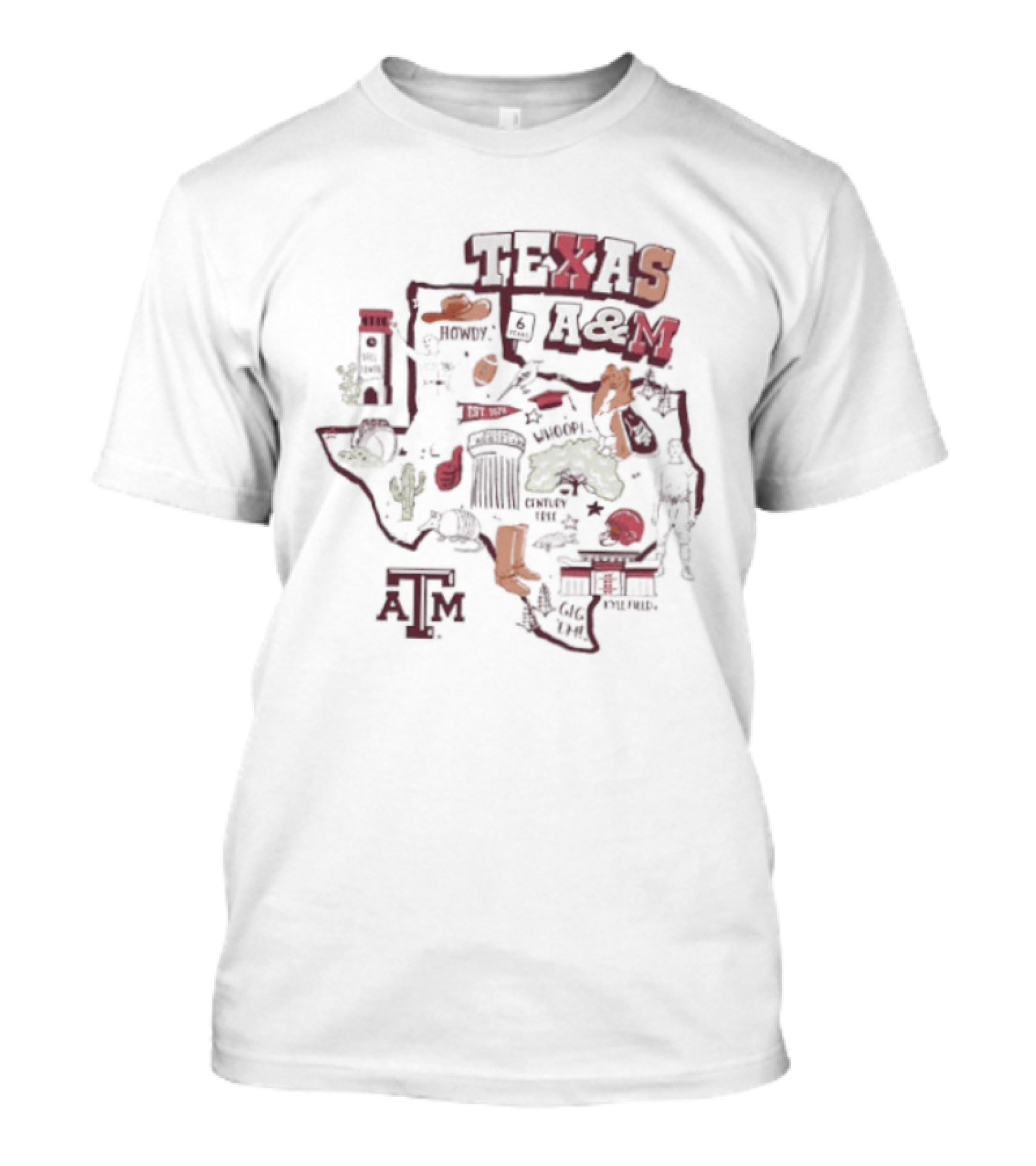 Texas A&M Aggies Map With Iconic Symbols And Landmarks T-Shirt