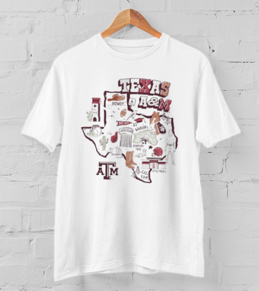 Texas A&M Aggies Map With Iconic Symbols And Landmarks T-Shirt