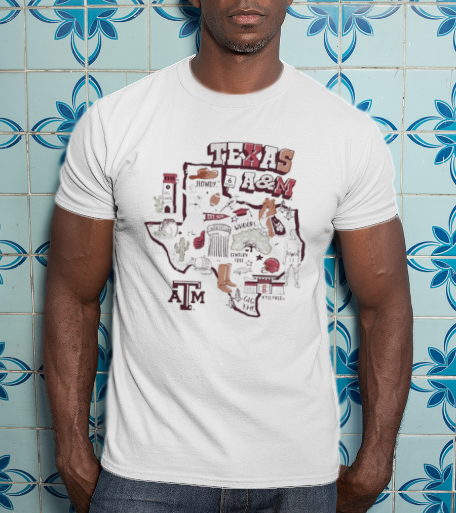Texas A&M Aggies Map With Iconic Symbols And Landmarks T-Shirt