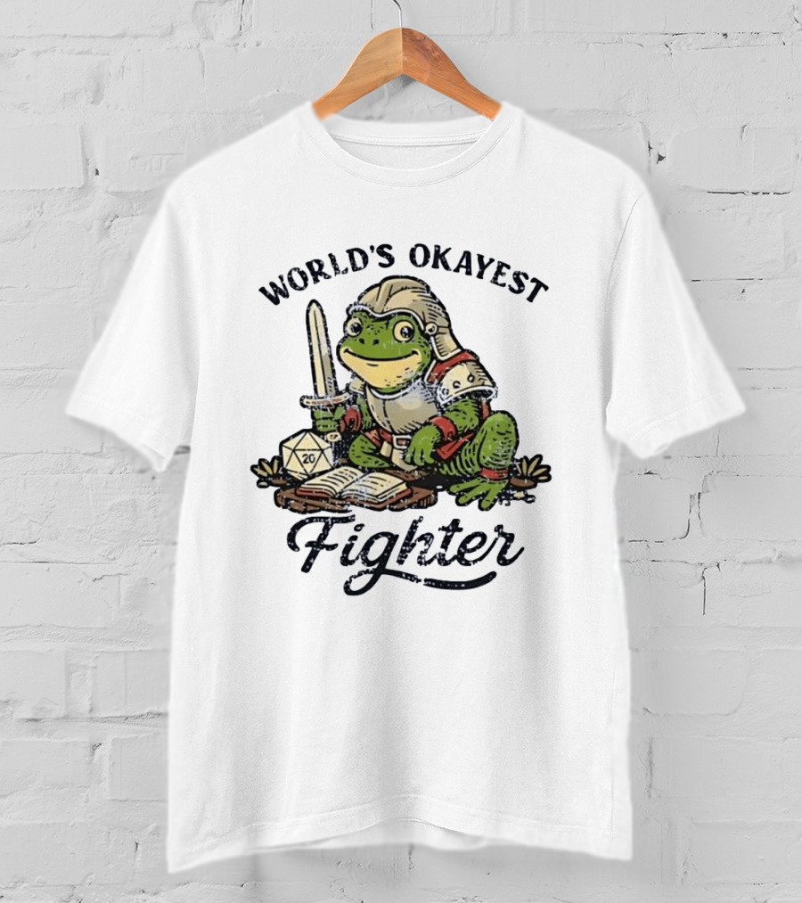 World's Okayest Fighter Frog In Armor With D20 Dice And Sword T-Shirt