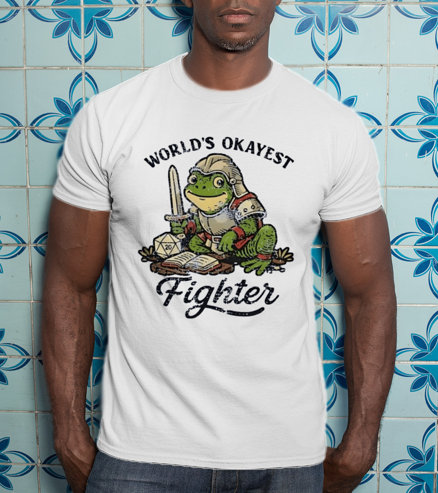 World's Okayest Fighter Frog In Armor With D20 Dice And Sword T-Shirt