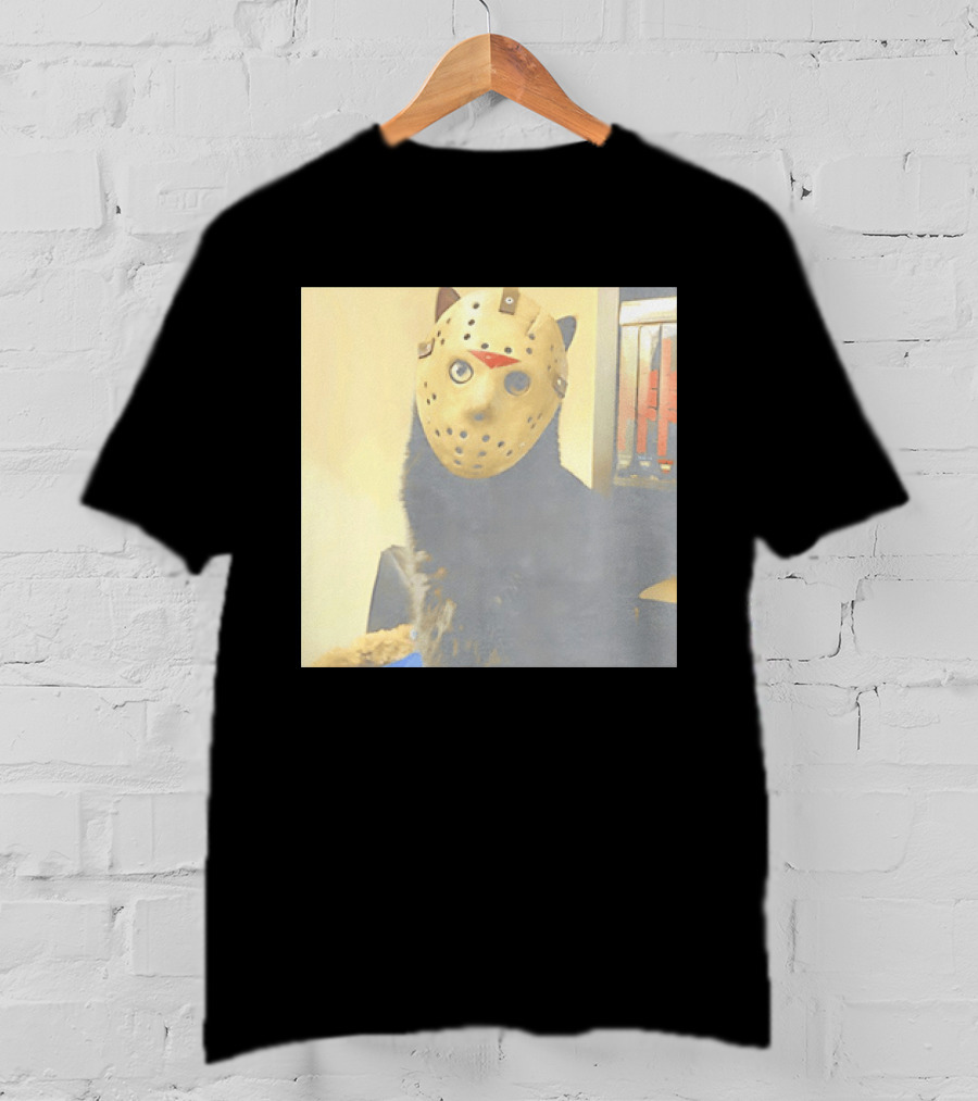 Black Cat In Horror Movie Jason Voorhees Mask T-Shirt