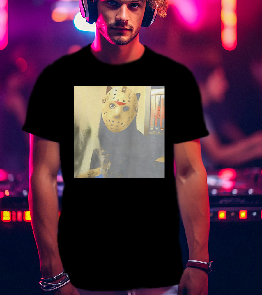 Black Cat In Horror Movie Jason Voorhees Mask T-Shirt