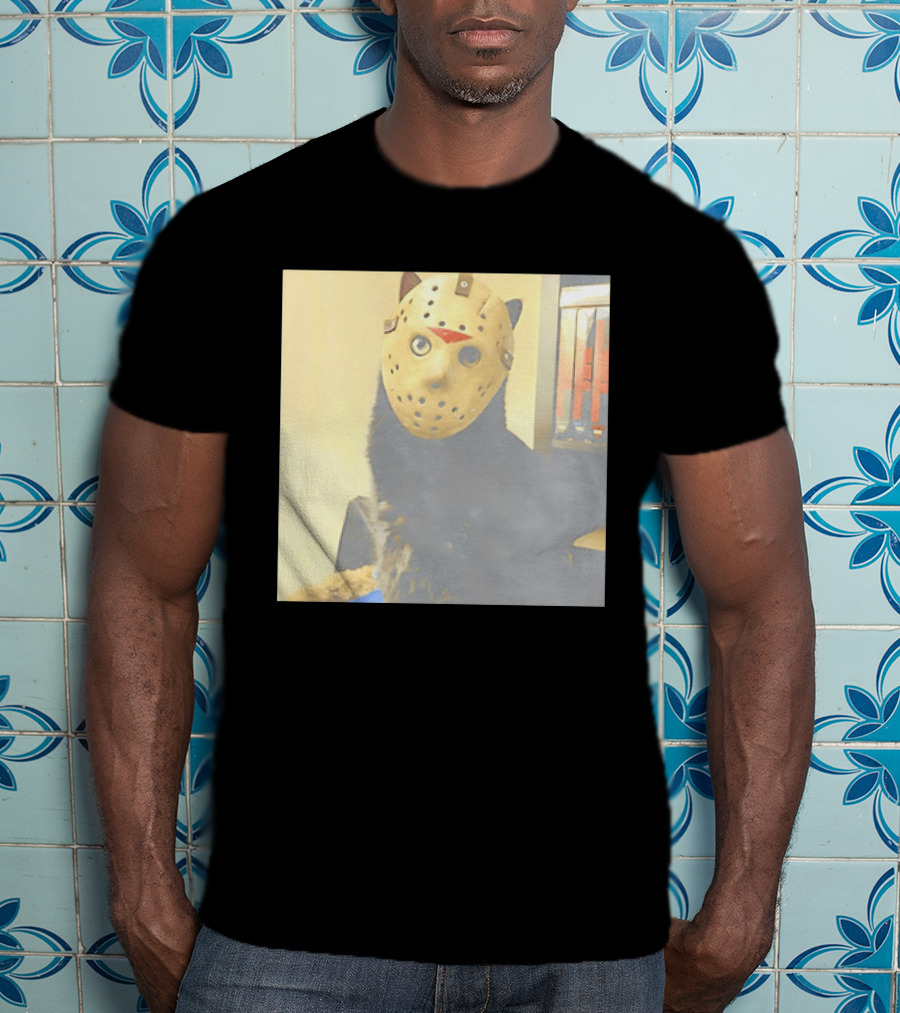 Black Cat In Horror Movie Jason Voorhees Mask T-Shirt