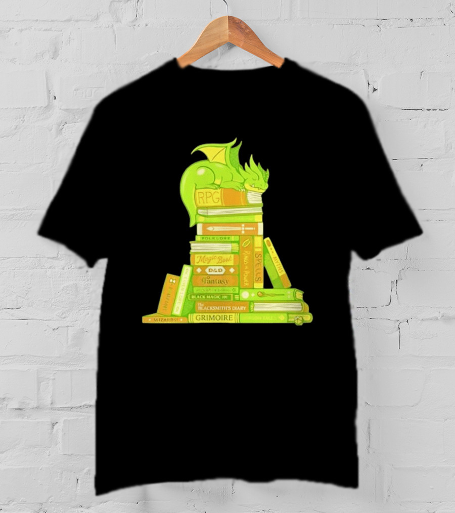Sleeping Dragon On RPG Fantasy Magic Book Stack Grimoire Wizardry Tales T-Shirt
