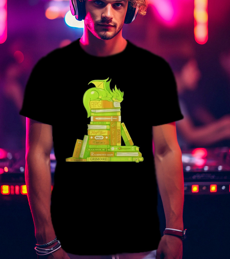 Sleeping Dragon On RPG Fantasy Magic Book Stack Grimoire Wizardry Tales T-Shirt