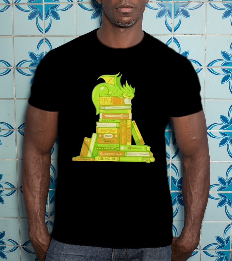 Sleeping Dragon On RPG Fantasy Magic Book Stack Grimoire Wizardry Tales T-Shirt