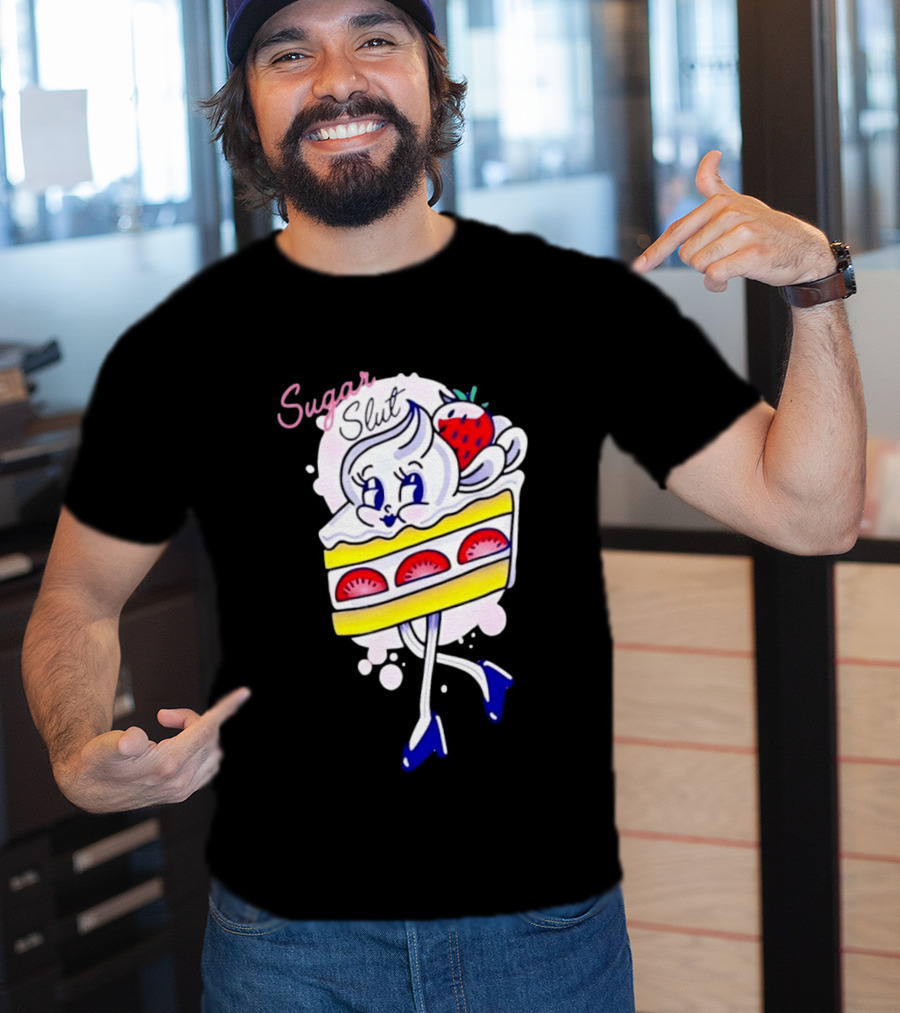 Sugar Slut Strawberry Cake Cartoon Slice With Whipped Cream And Berries T-Shirt