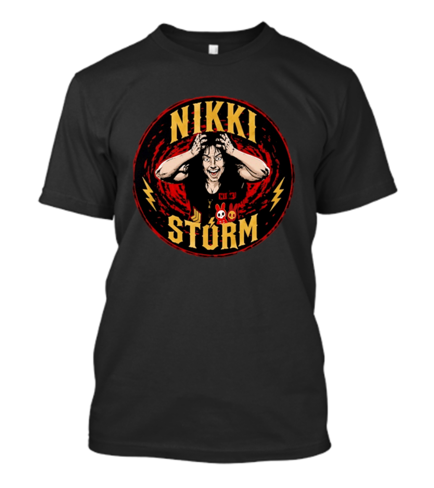 Nikki Stürm Wrestling Character With Lightning Bolts And Red Spiral T-Shirt