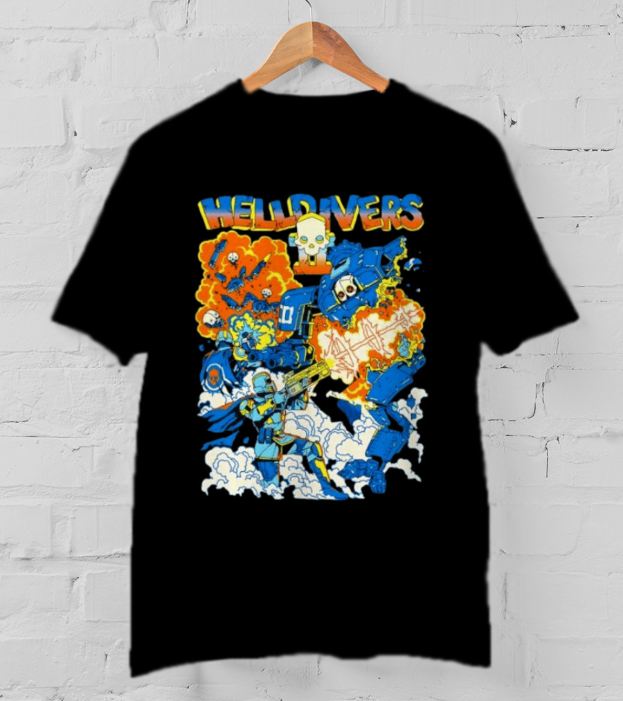 Helldivers Super Earth Soldier Combat Action Explosive Battle Scene T-Shirt