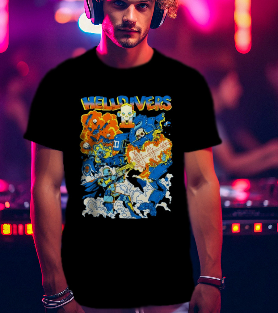 Helldivers Super Earth Soldier Combat Action Explosive Battle Scene T-Shirt