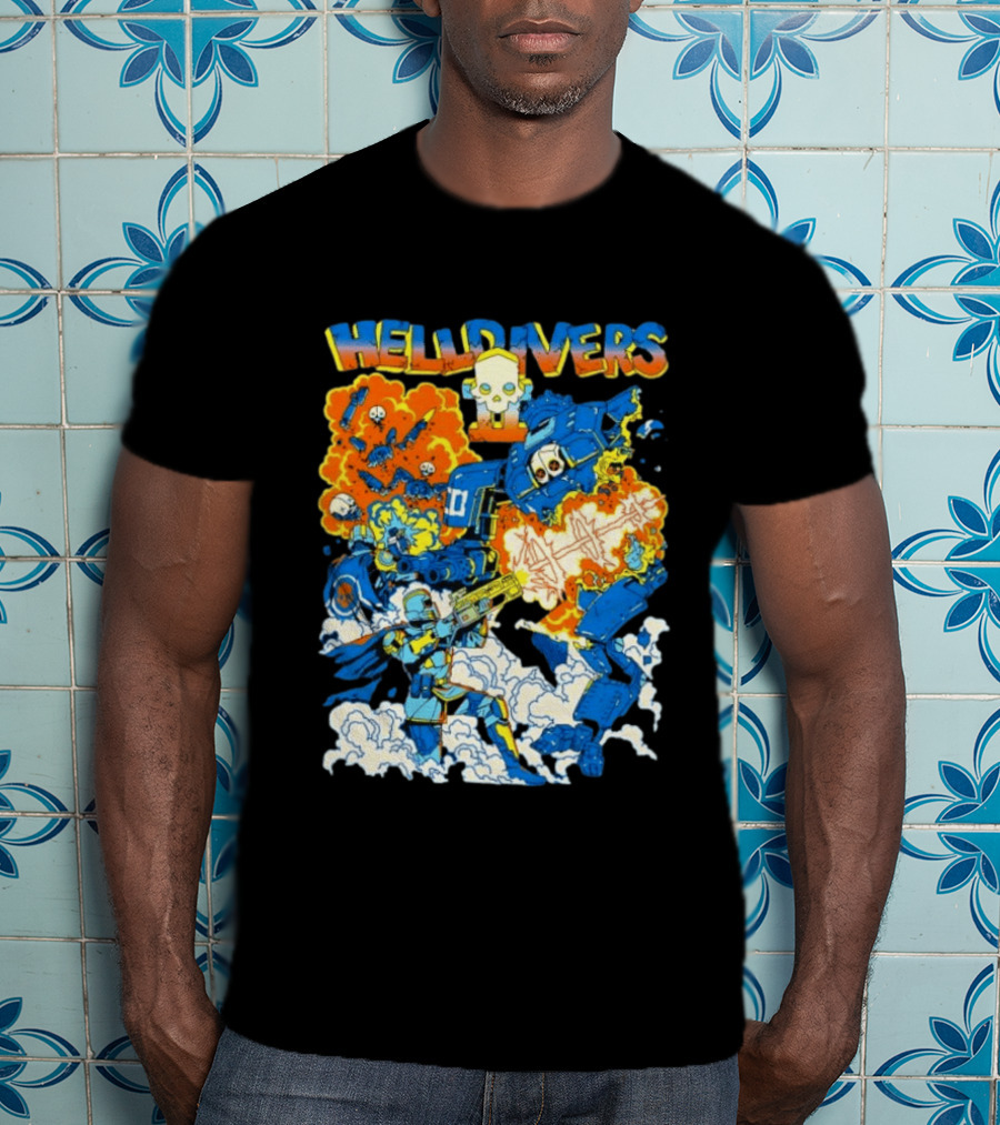 Helldivers Super Earth Soldier Combat Action Explosive Battle Scene T-Shirt