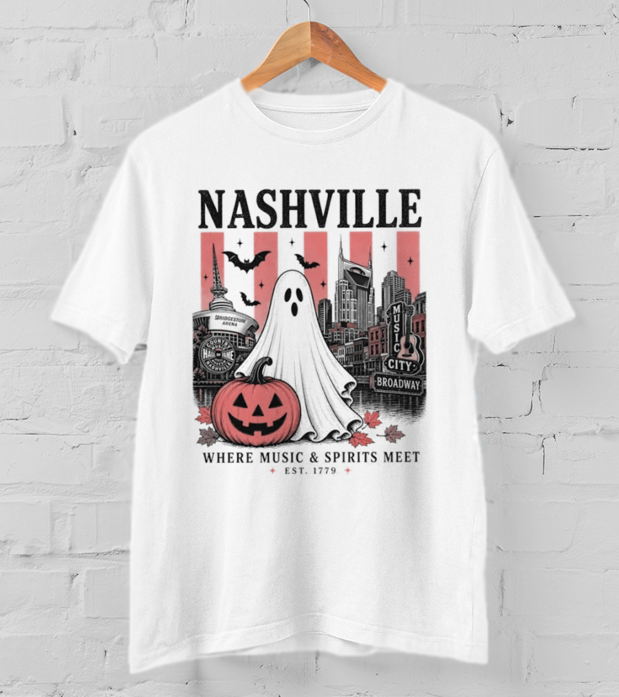 Nashville Halloween Ghost Music Spirits Skyline Pumpkin Bats T-Shirt