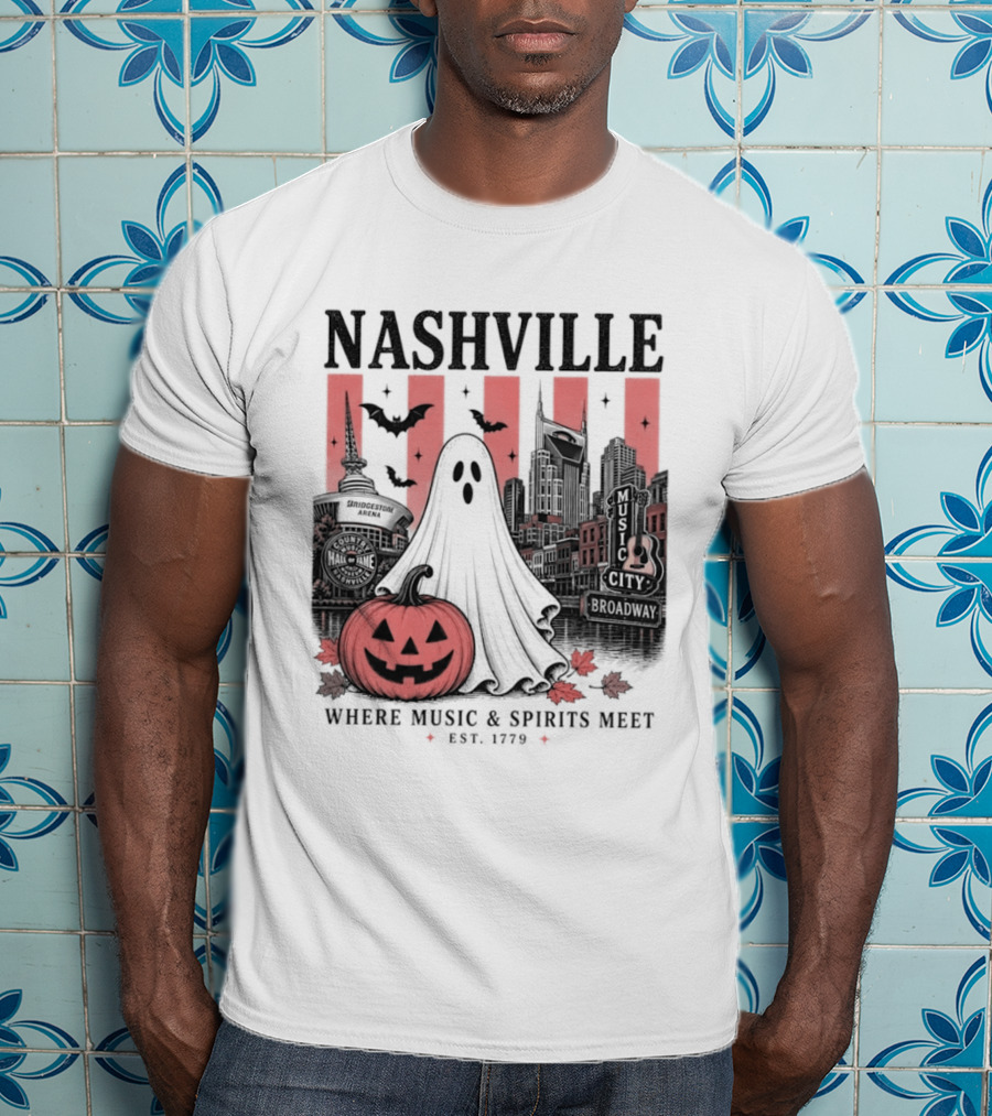 Nashville Halloween Ghost Music Spirits Skyline Pumpkin Bats T-Shirt