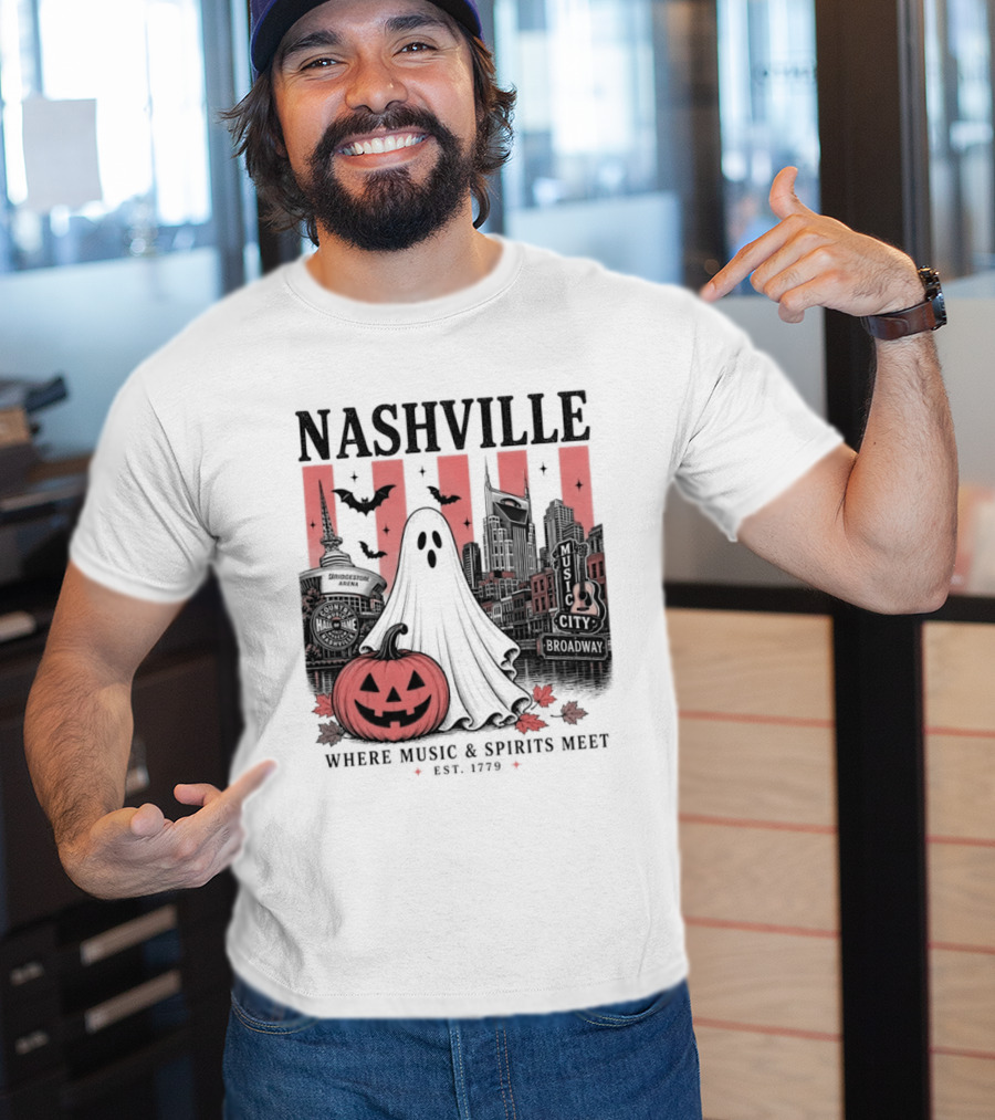 Nashville Halloween Ghost Music Spirits Skyline Pumpkin Bats T-Shirt