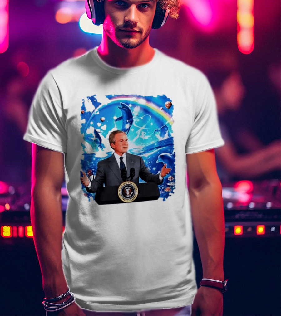 George W Bush Dolphins Coexist Peacefully With Rainbow And Ocean Scene T-Shirt