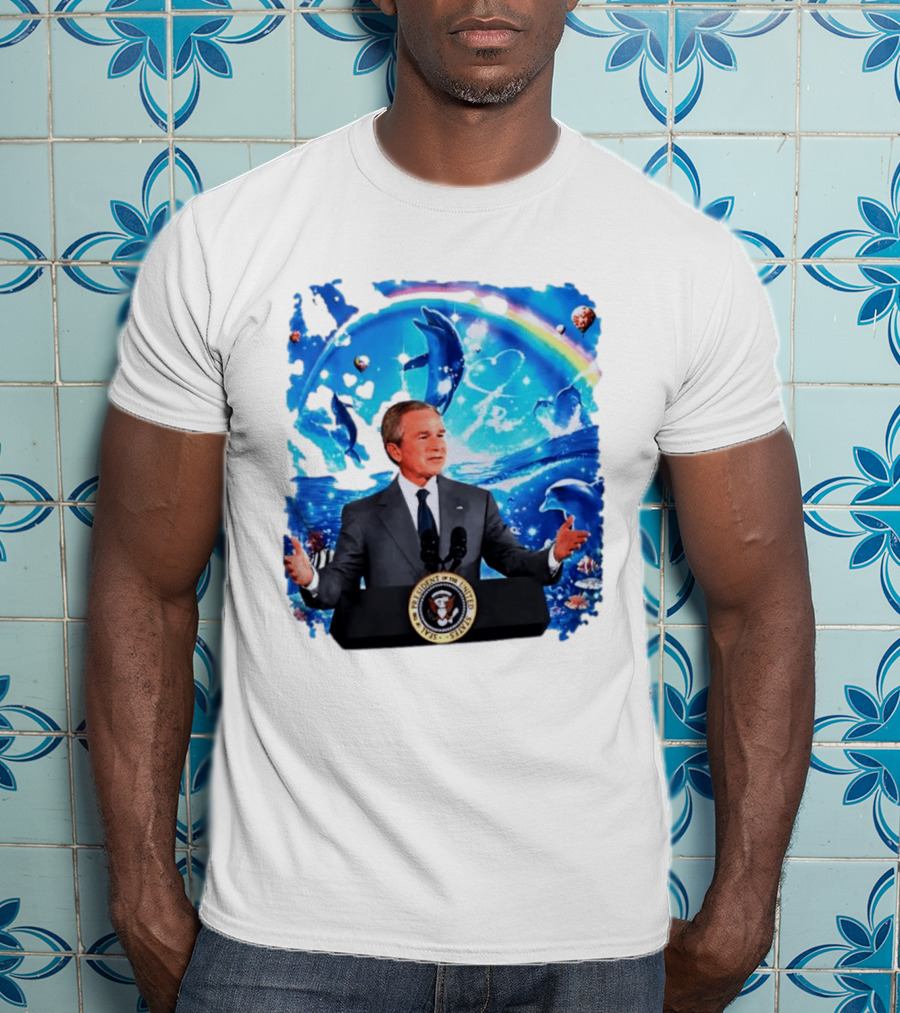 George W Bush Dolphins Coexist Peacefully With Rainbow And Ocean Scene T-Shirt
