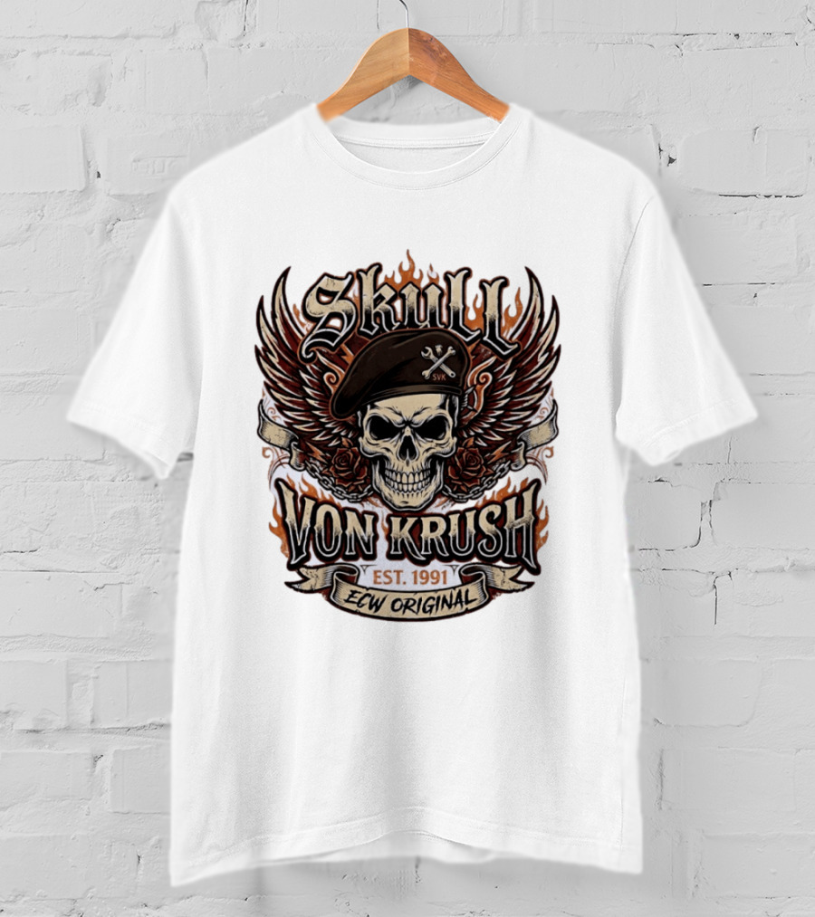 Skull Von Krush SVK Est 1991 ECW Original Flame Wings Roses T-Shirt