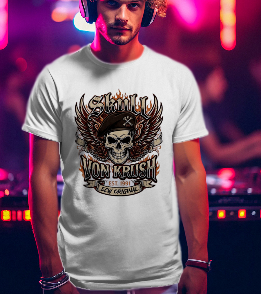Skull Von Krush SVK Est 1991 ECW Original Flame Wings Roses T-Shirt